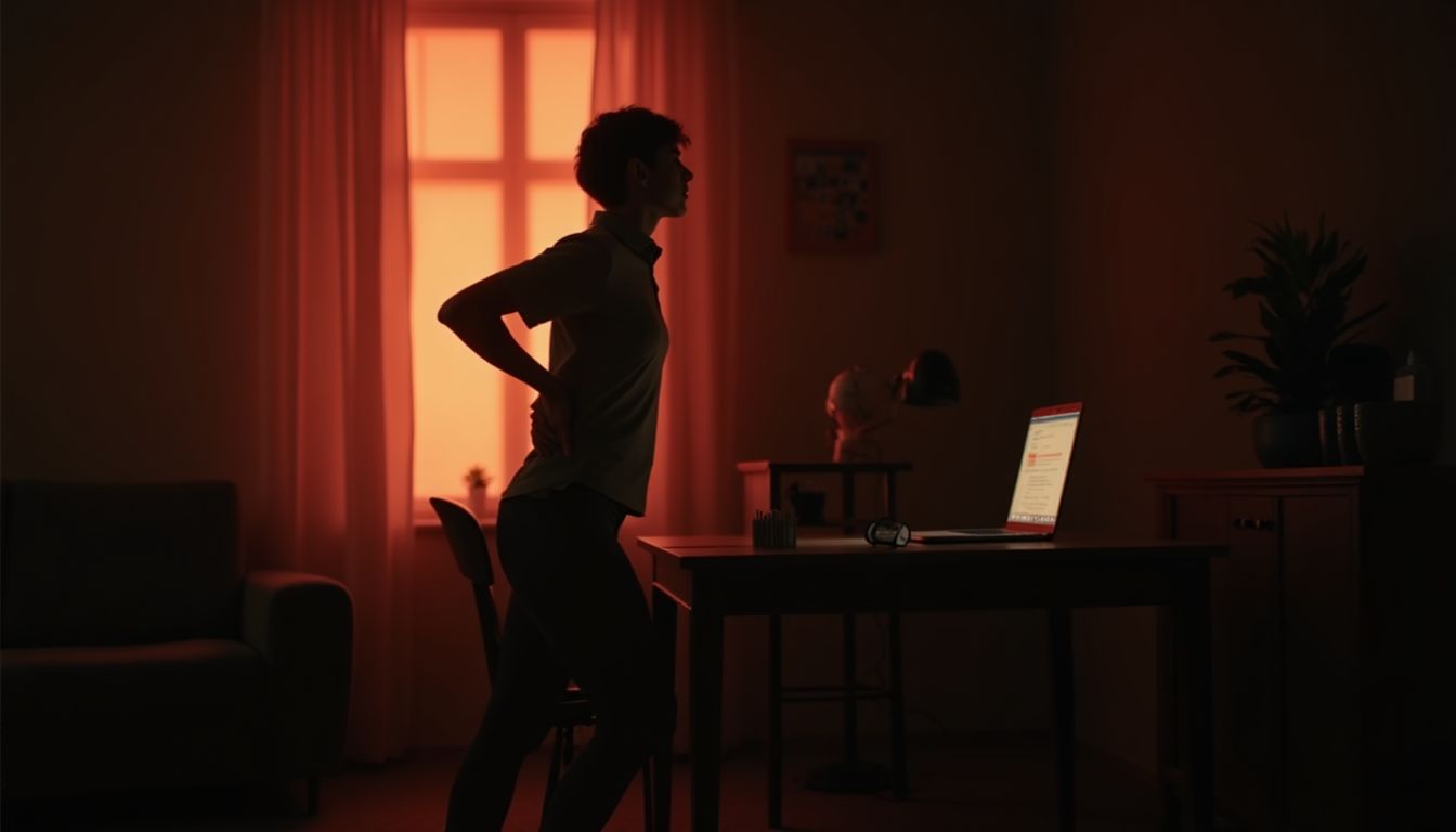 Person stretching a tired back by a dim desk in coral window light — everyday aches guide