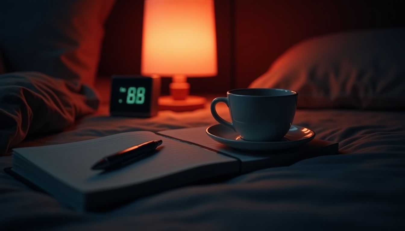 Thermometer, notebook and tea on a dark nightstand in coral light — symptom awareness